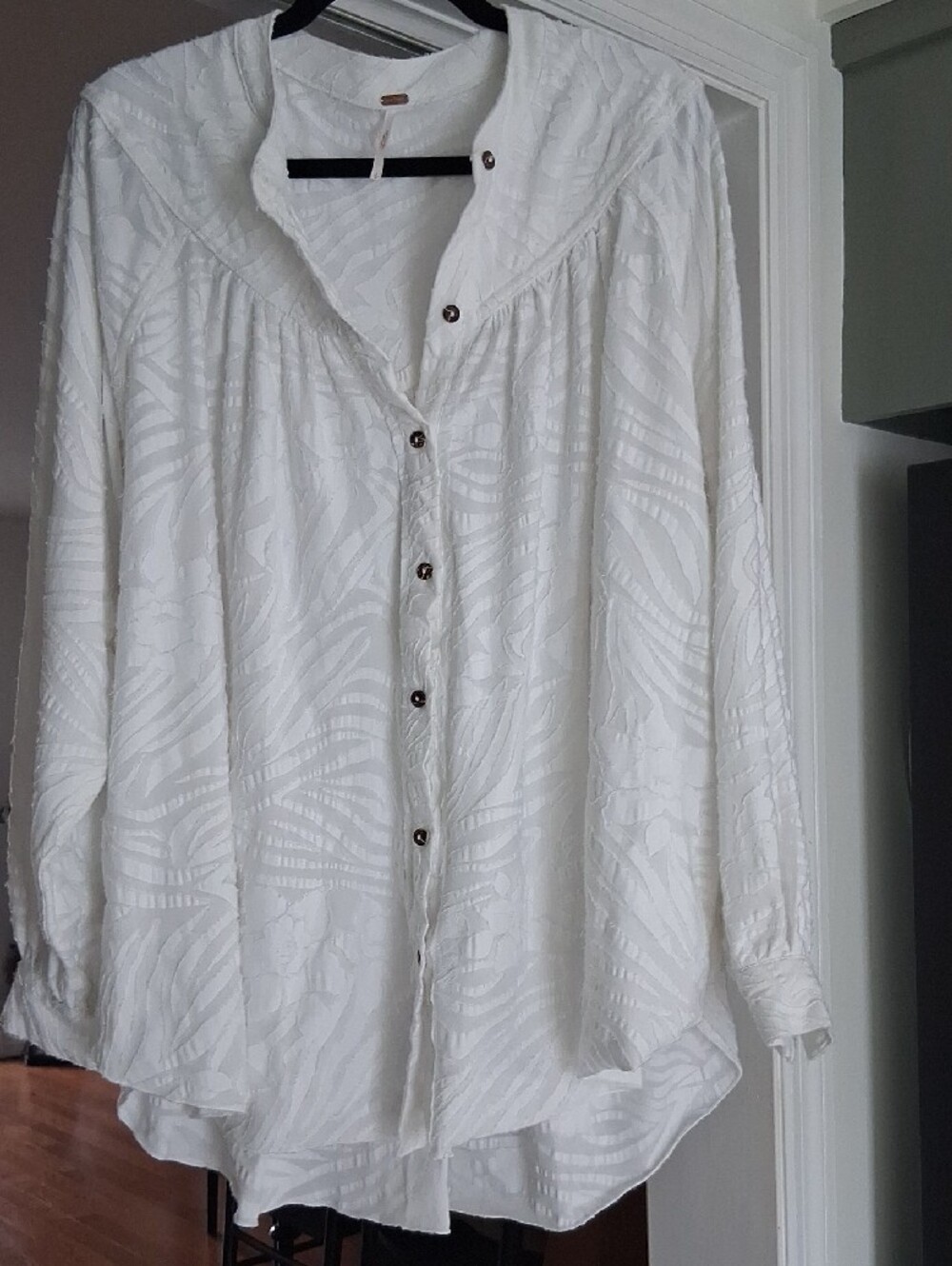 Free People White Textured Button-Down Yoke Blouse